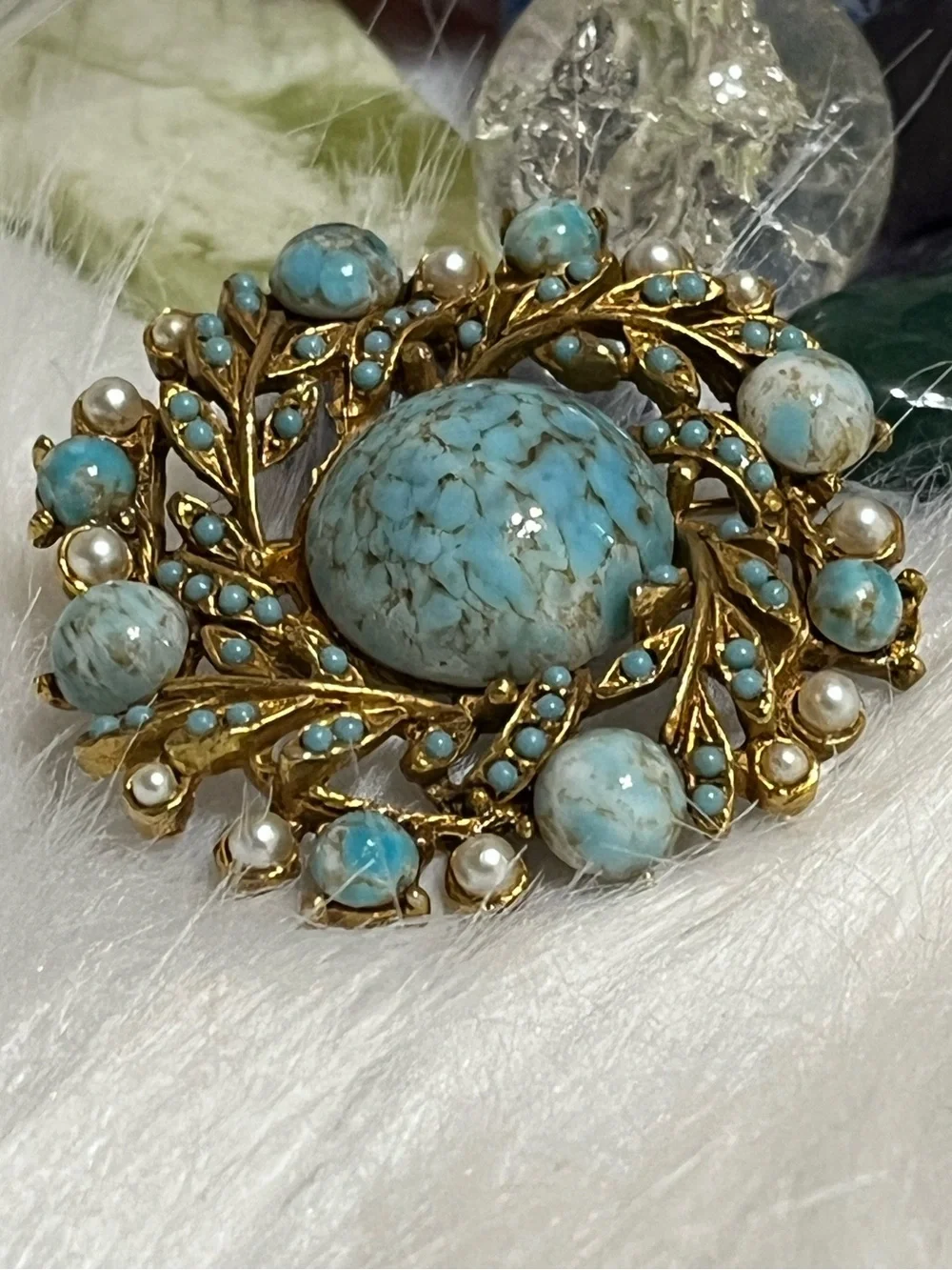 Vintage Turquoise Pearl Brooch